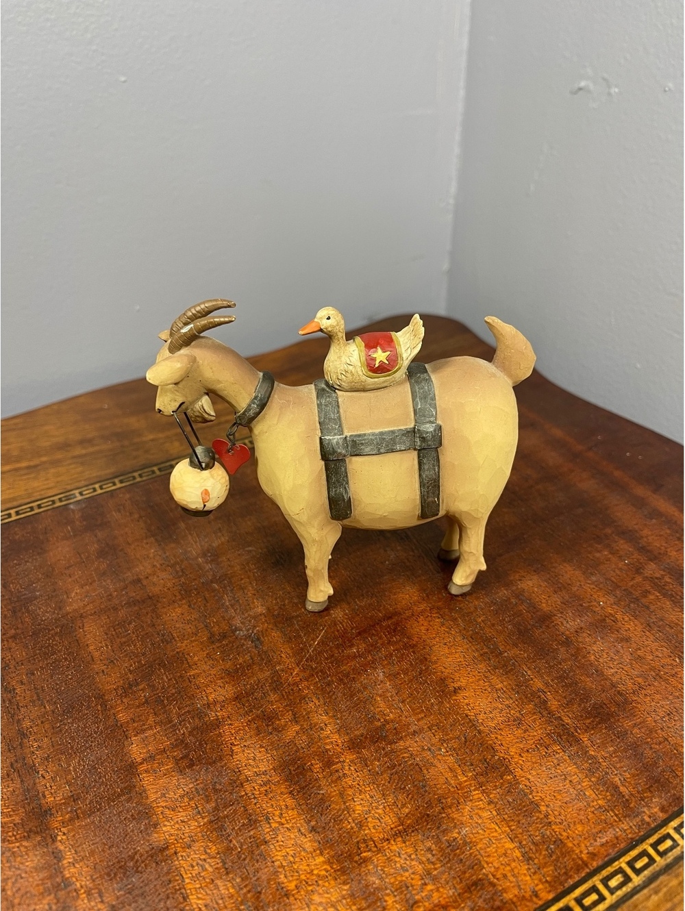 Handcrafted Wooden Goat Figurine with Duck Ornament